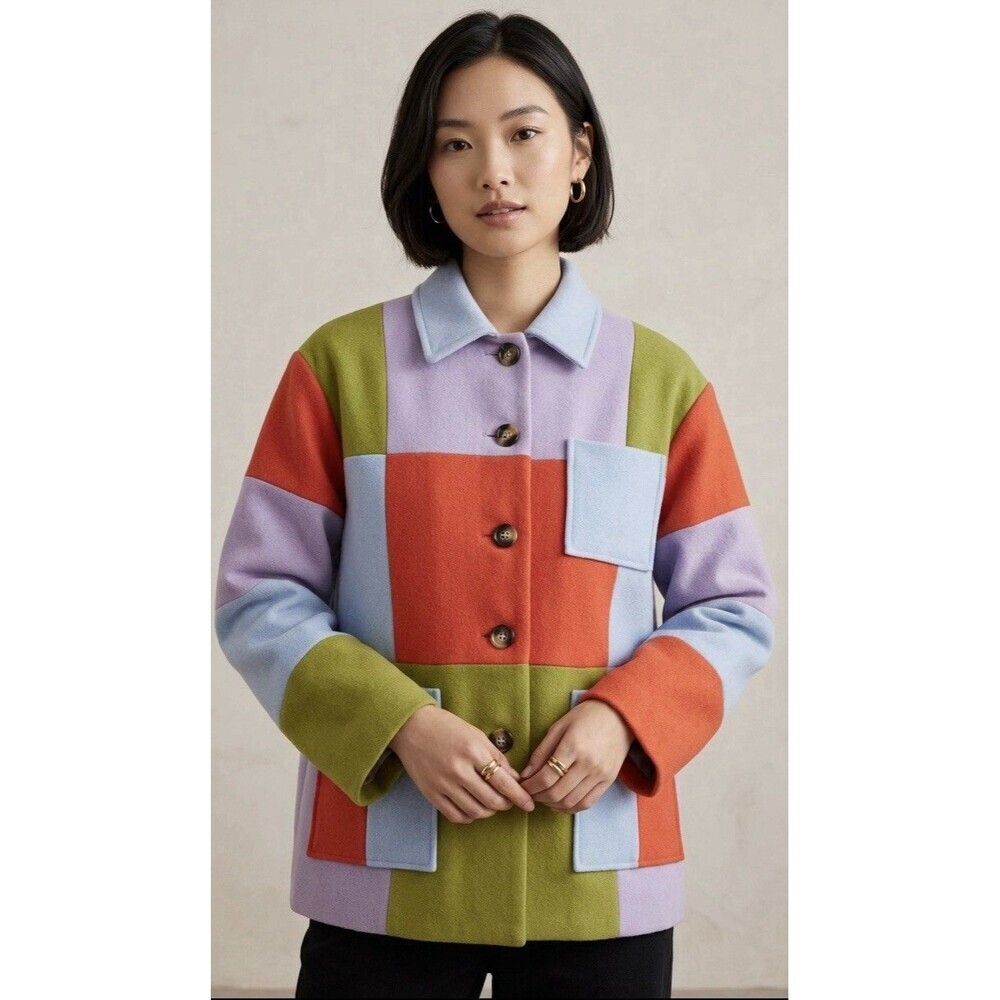 FRNCH Paris Patchwork Jacket Women’s S Multicolor Colorblock Button Front Lined